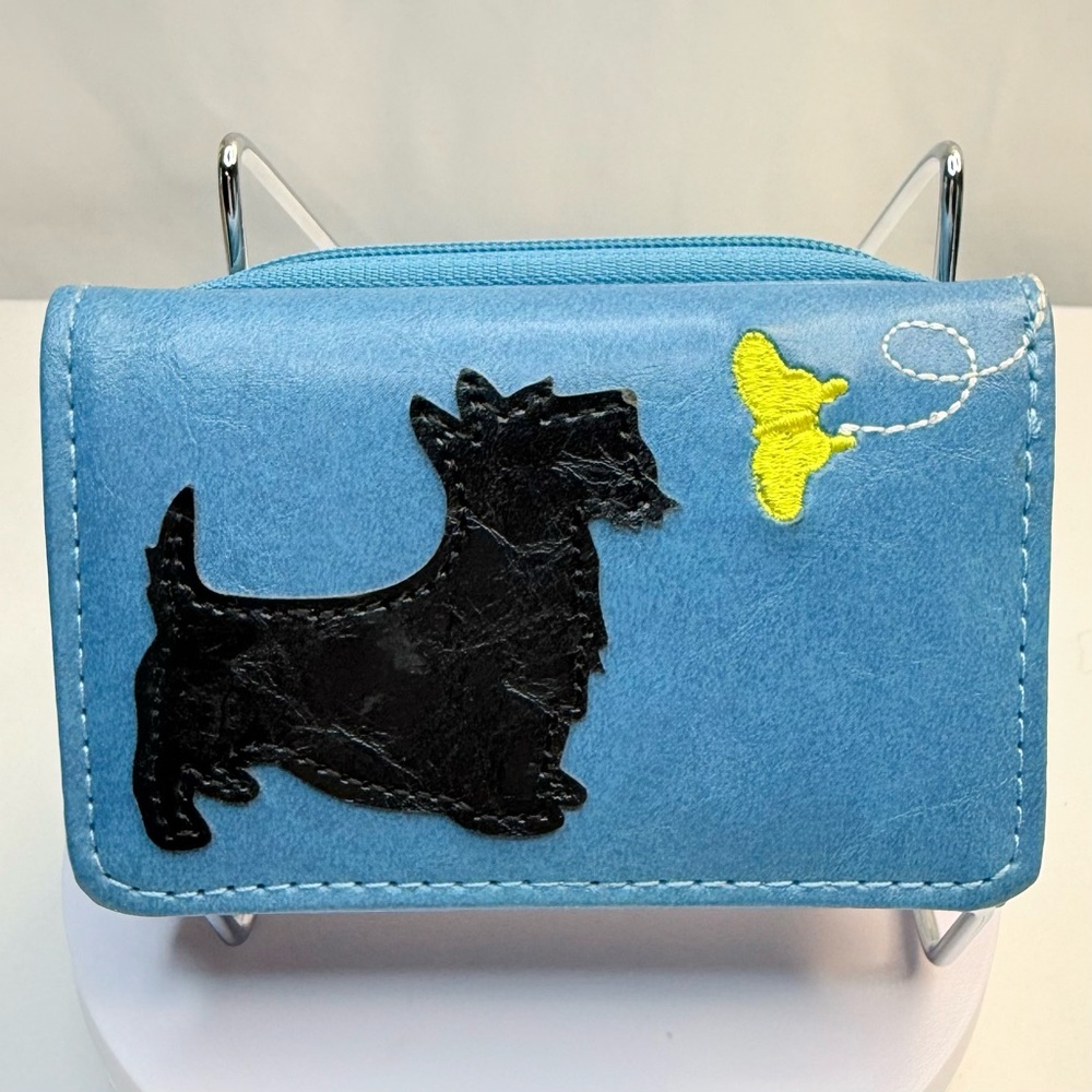 Lavishy Blue Wallet with Black Scottie Dog and Yellow Butterfly Design EUC